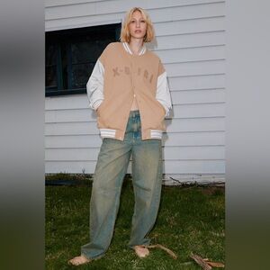 Urban Outfitters X-Girl Varsity Jacket in Tan Beige